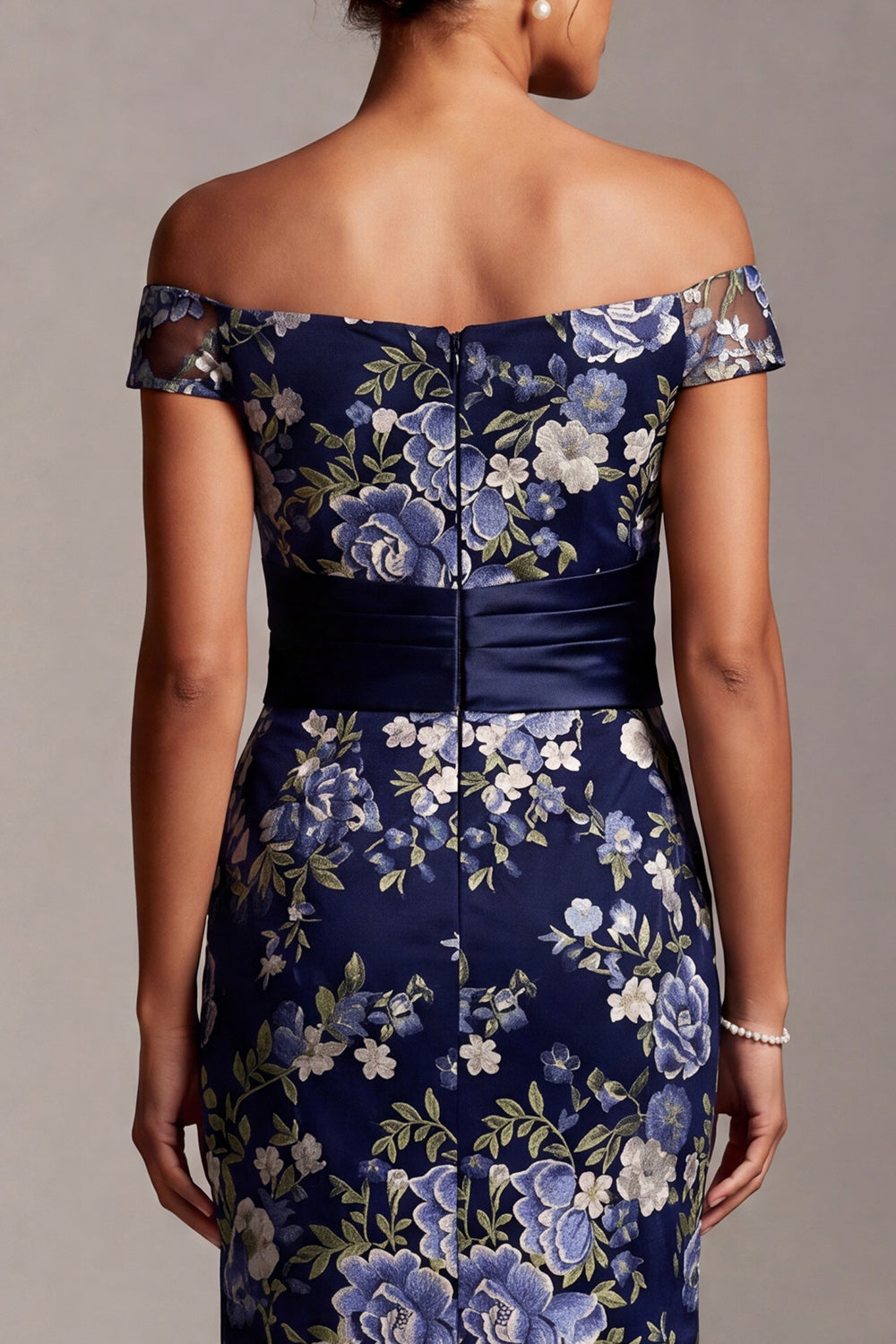 Navy Mermaid Off the Shoulder Floral Long Mother of the Bride Dress with Sash