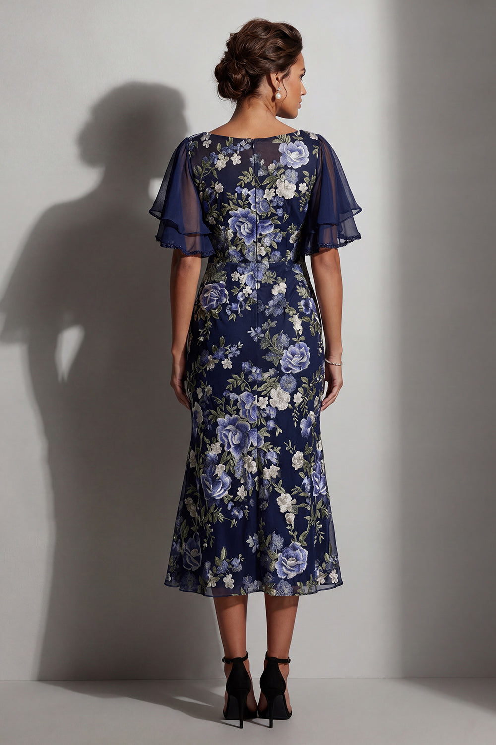 Navy Boat Neck Mermaid Floral Long Mother of the Bride Dress with Sleeves