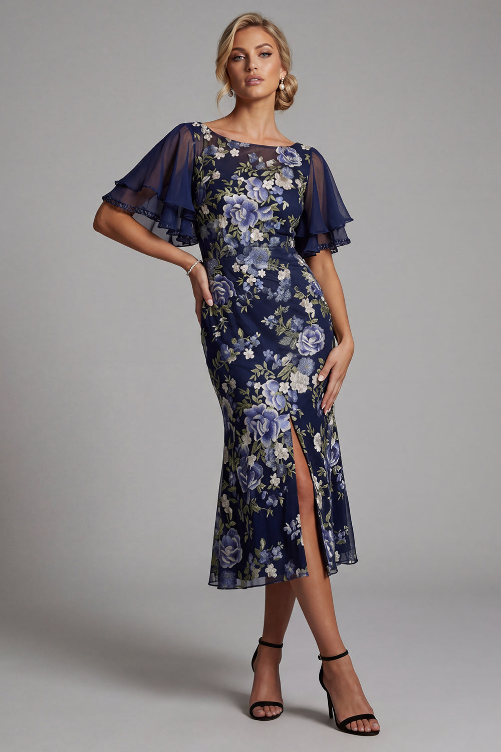 Navy Boat Neck Mermaid Floral Long Mother of the Bride Dress with Sleeves