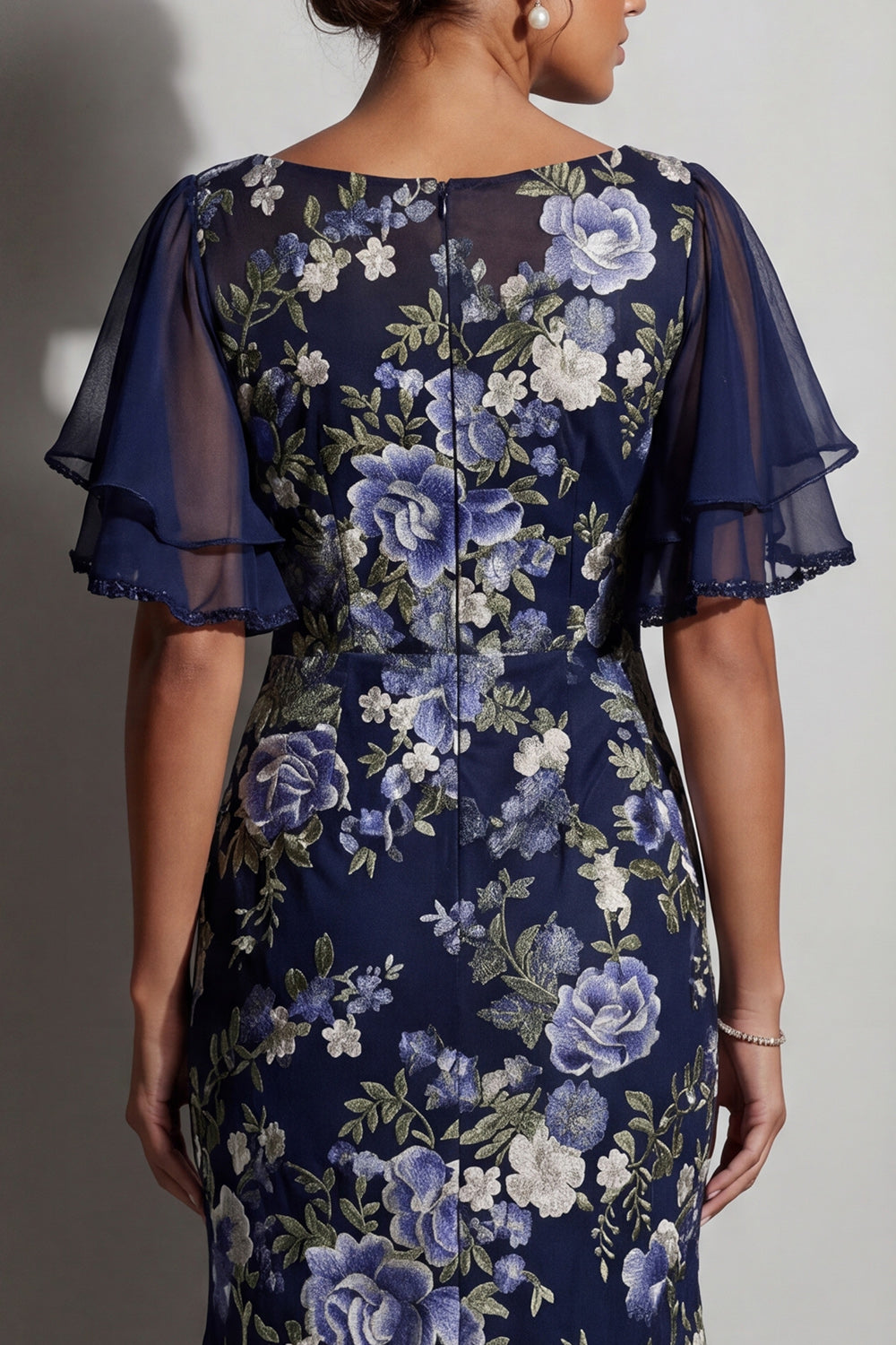 Navy Boat Neck Mermaid Floral Long Mother of the Bride Dress with Sleeves