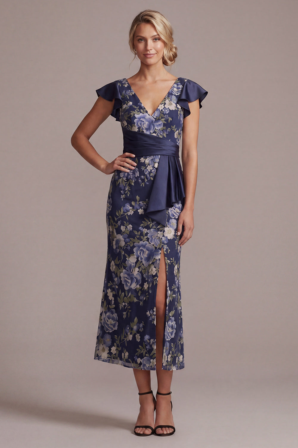 Floral V-Neck Ruffled Mermaid Navy Long Mother of the Bride Dress with Sash