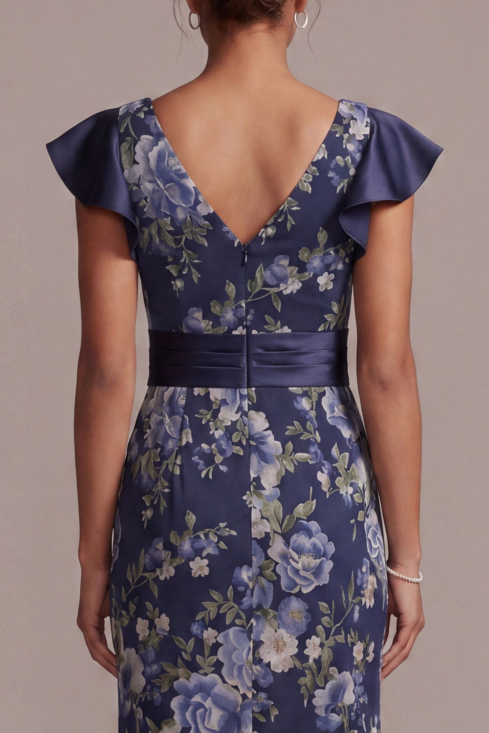 Floral V-Neck Ruffled Mermaid Navy Long Mother of the Bride Dress with Sash