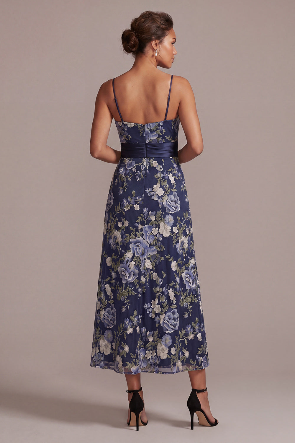 Navy A Line Floral Spaghetti Straps Long Mother of the Bride Dress with Sash