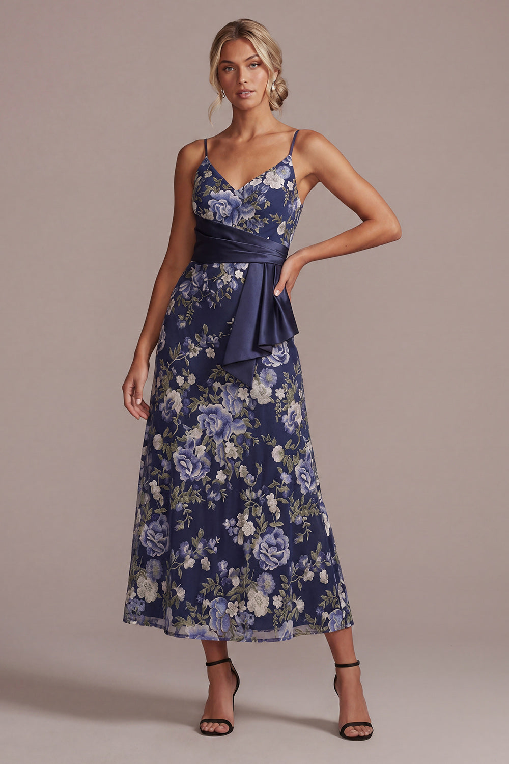 Navy A Line Floral Spaghetti Straps Long Mother of the Bride Dress with Sash