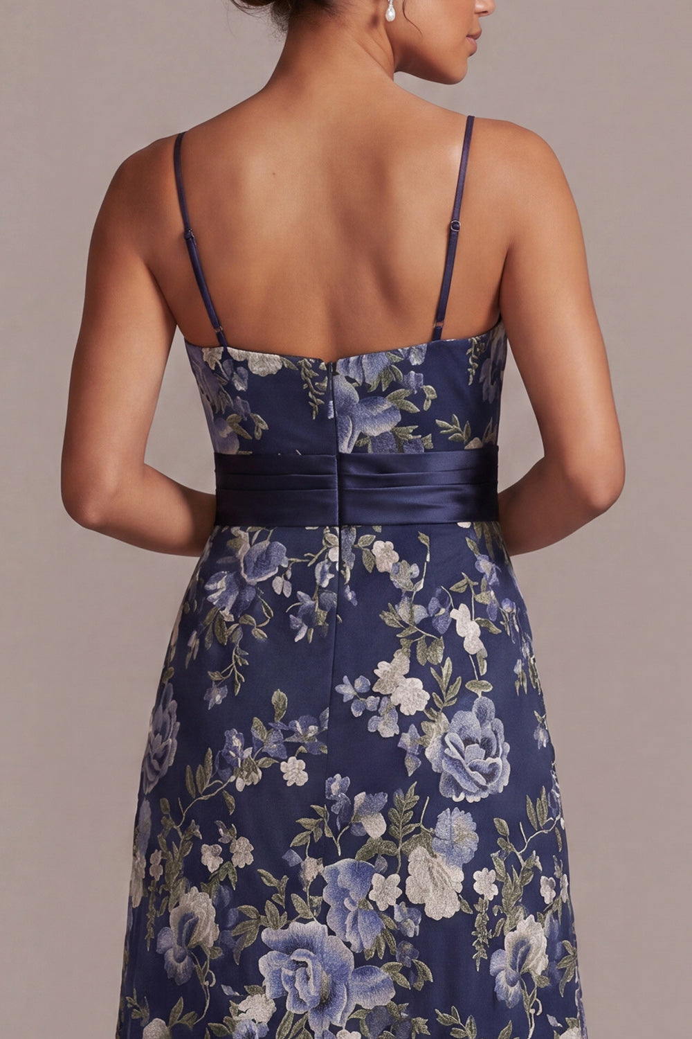 Navy A Line Floral Spaghetti Straps Long Mother of the Bride Dress with Sash