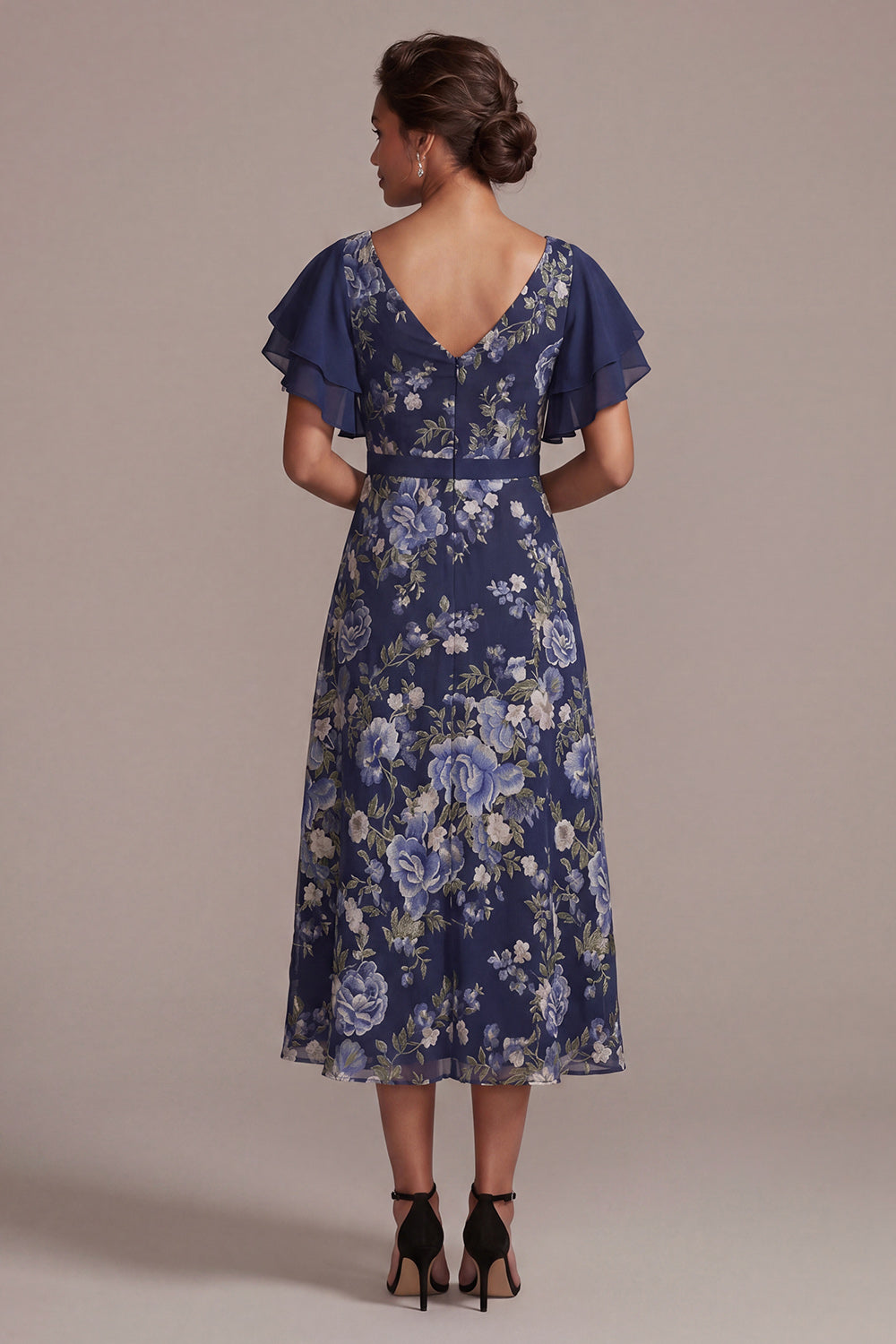 Navy V-Neck A Line Floral Long Mother of the Bride Dress with Slit