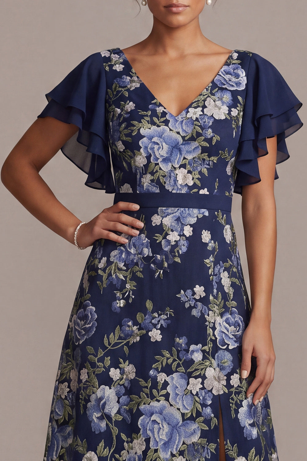 Navy V-Neck A Line Floral Long Mother of the Bride Dress with Slit