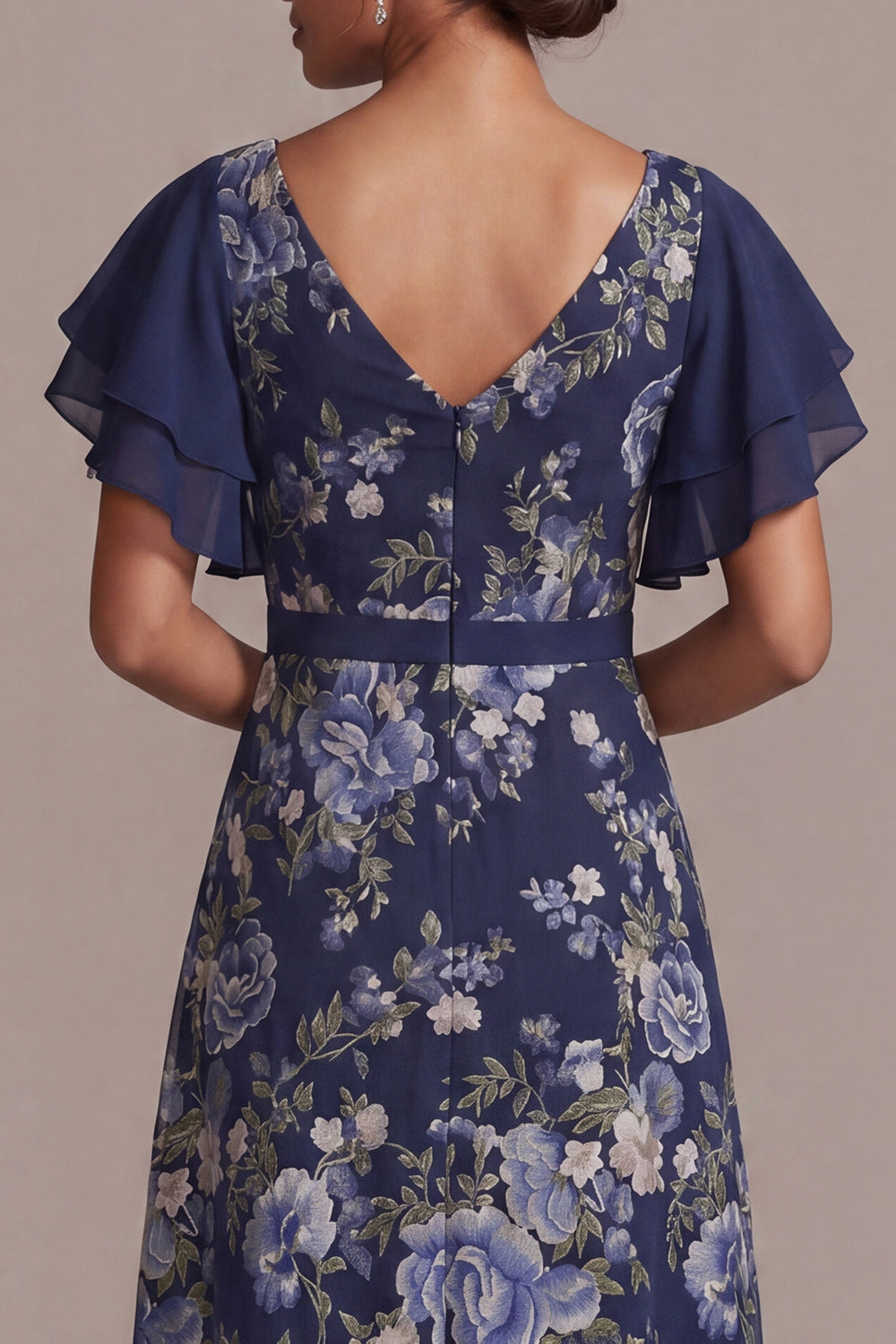 Navy V-Neck A Line Floral Long Mother of the Bride Dress with Slit