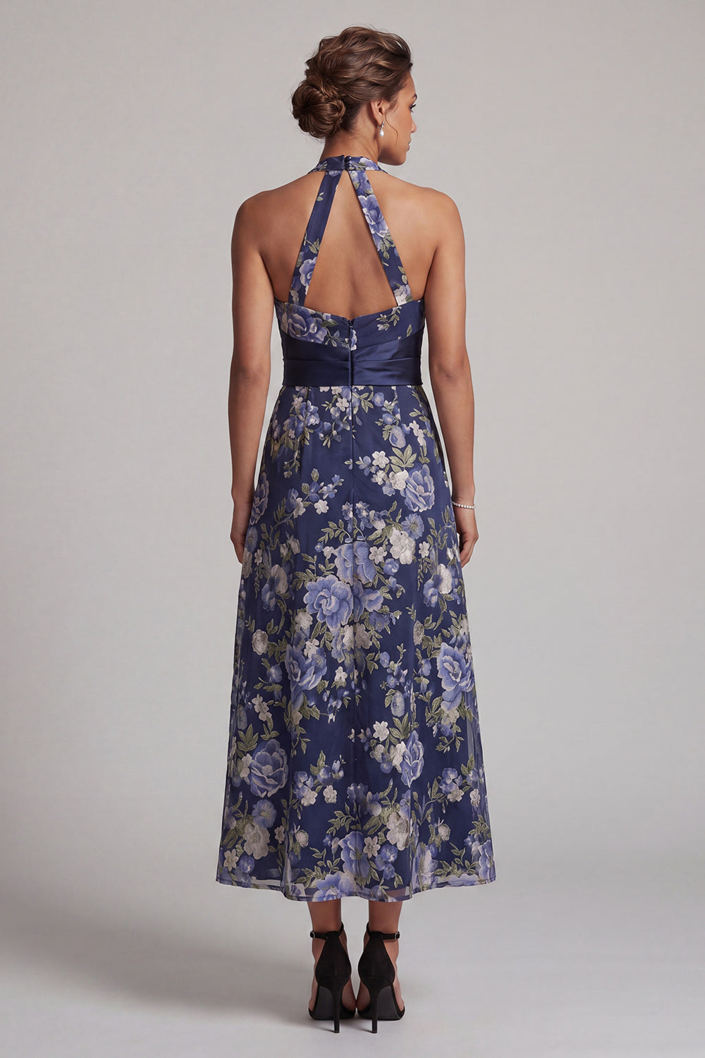 Floral Navy Halter Ruched A Line Long Mother of the Bride Dress with Sash