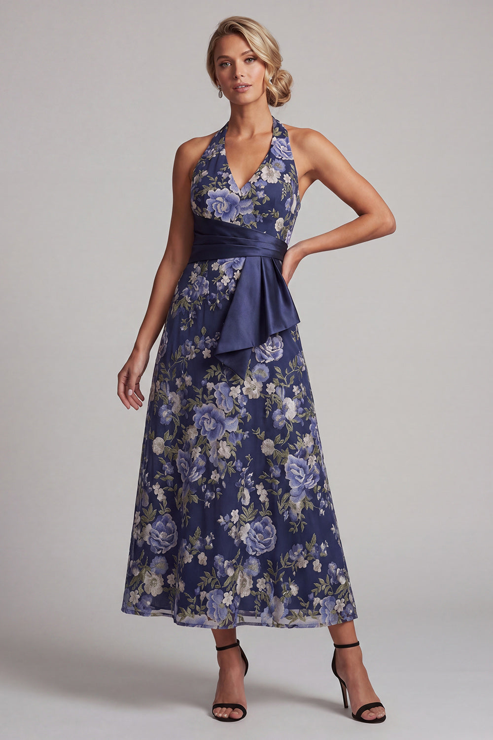 Floral Navy Halter Ruched A Line Long Mother of the Bride Dress with Sash