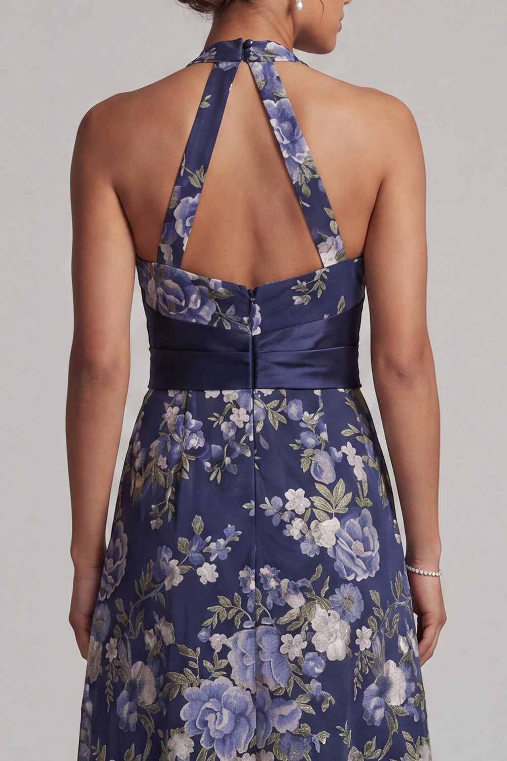 Floral Navy Halter Ruched A Line Long Mother of the Bride Dress with Sash
