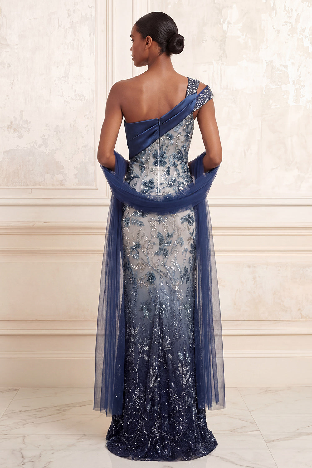 Sparkly Navy Floral One Shoulder Ruched Long Mermaid Beaded Evening Dress