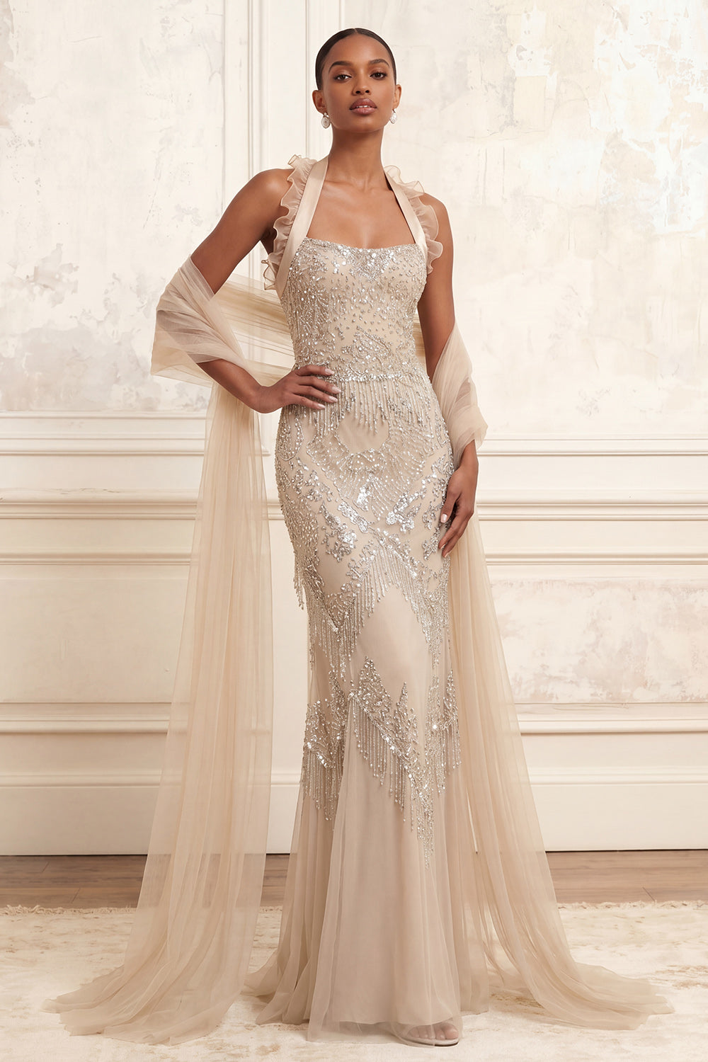 Sparkly Apricot Mermaid Halter Ruffled Long Beaded Evening Dress with Shawl