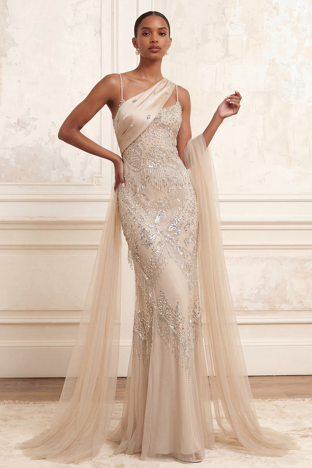 Sparkly Apricot Spaghetti Straps Mermaid Long Beaded Evening Dress