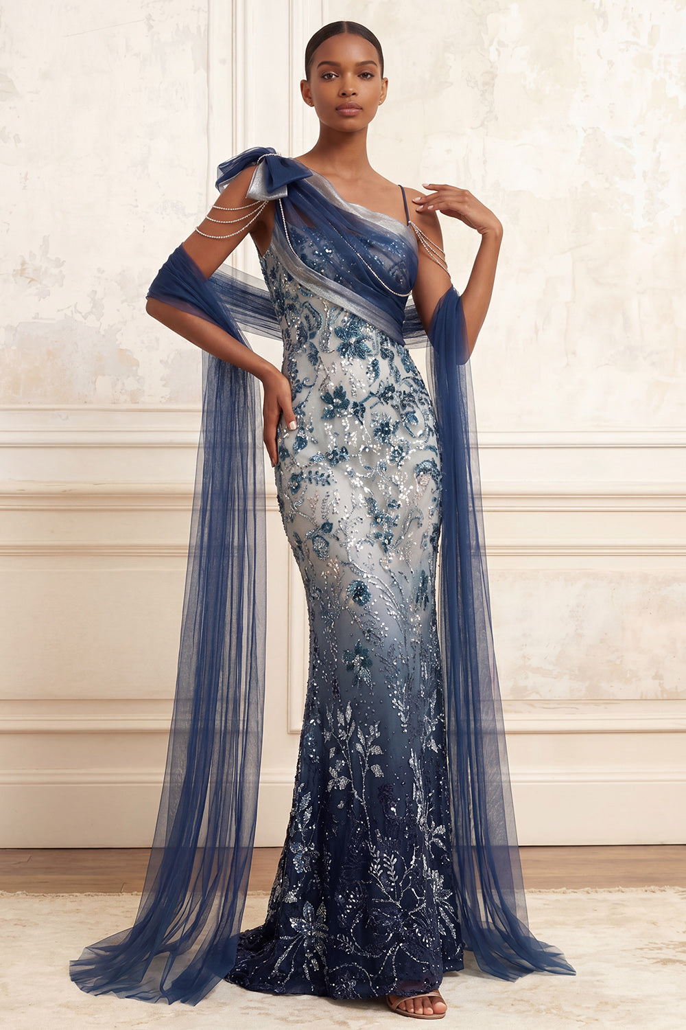 Sparkly Navy Ruched Floral Mermaid Long Beaded Evening Dress with Bow