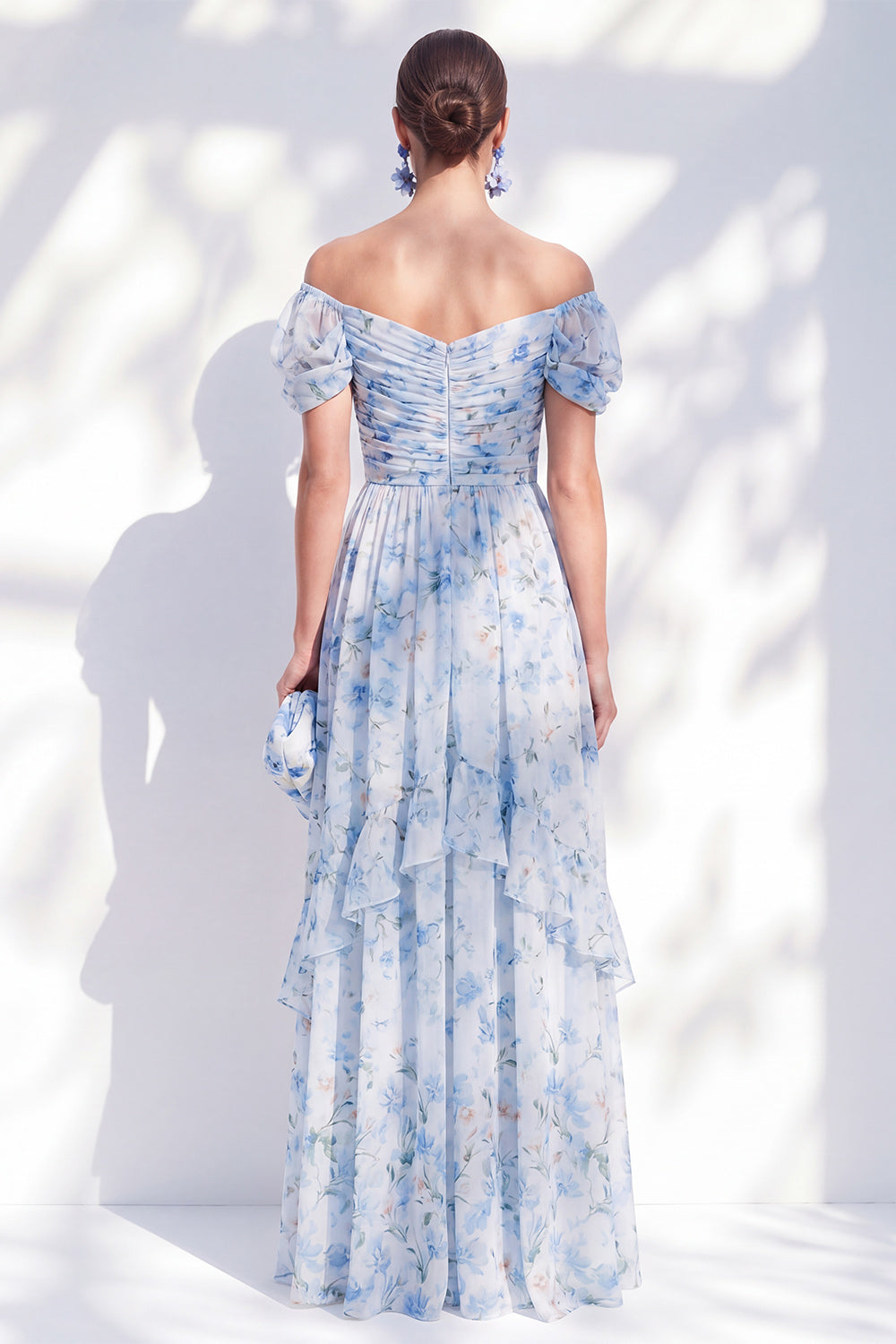 Blue Floral A Line Off The Shoulder Ruffled Long Mother of the Bride Dress with Sleeves