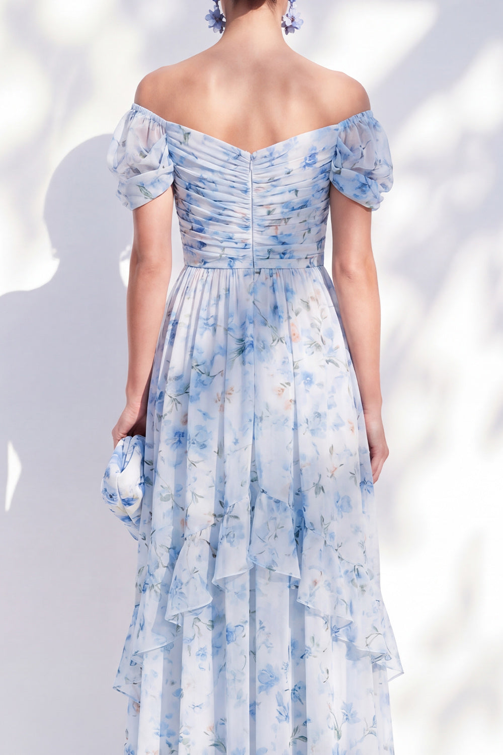 Blue Floral A Line Off The Shoulder Ruffled Long Mother of the Bride Dress with Sleeves