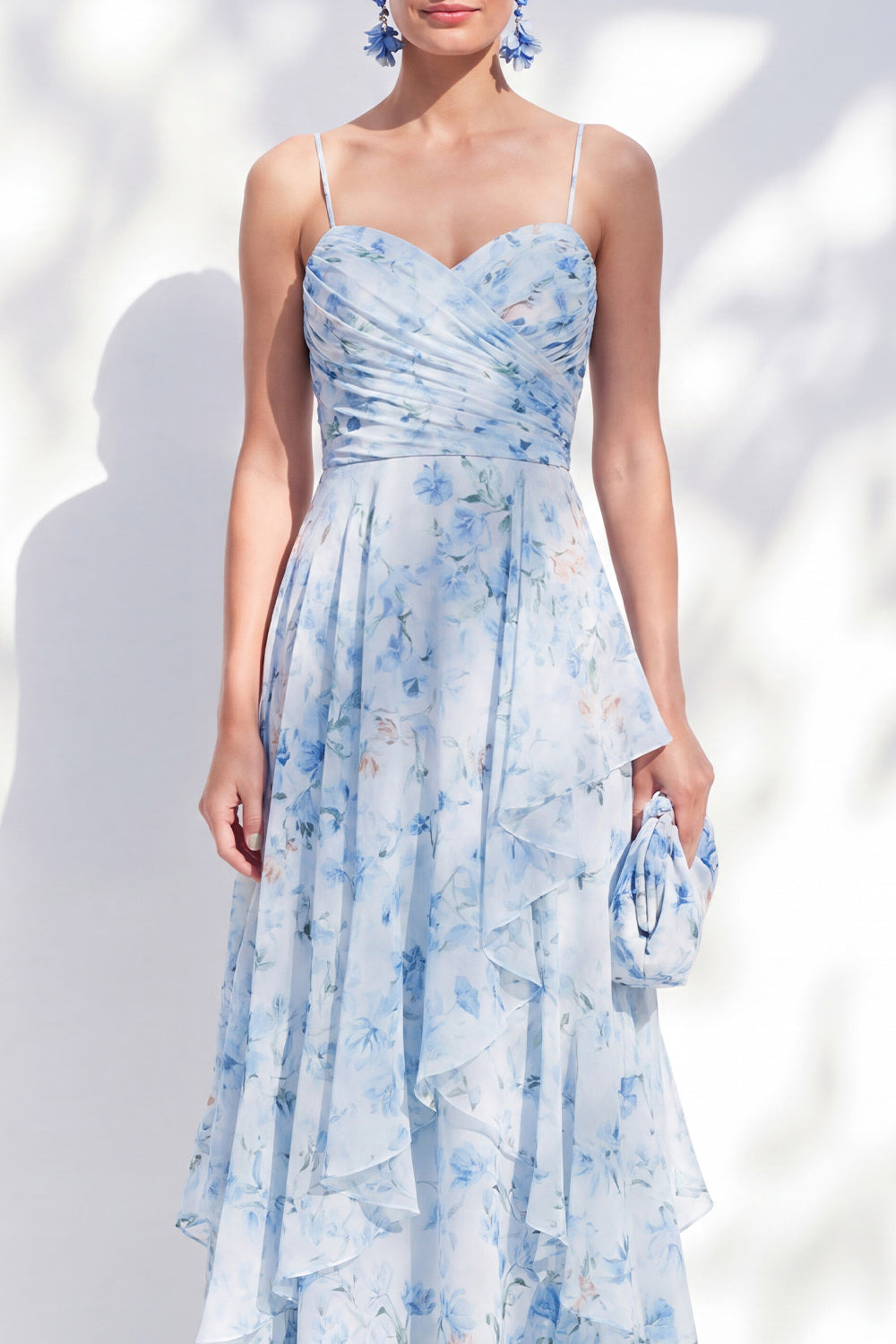 Blue Spaghetti Straps A Line Floral Long Mother of the Bride Dress with Ruffles