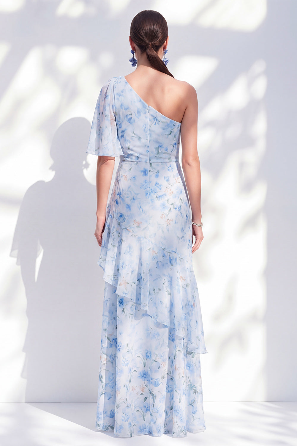 Blue Floral Ruffled Sheath One Shoulder Long Mother of the Bride Dress with Slit