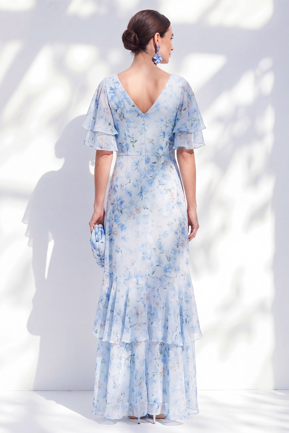Blue Ruffled Sheath High-Low V-Neck Floral Mother of the Bride Dress with Sleeves