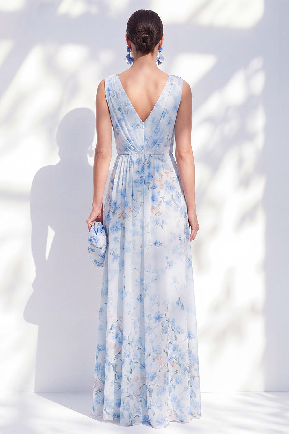 Blue A Line Floral V-Neck Long Mother of the Bride Dress with Slit