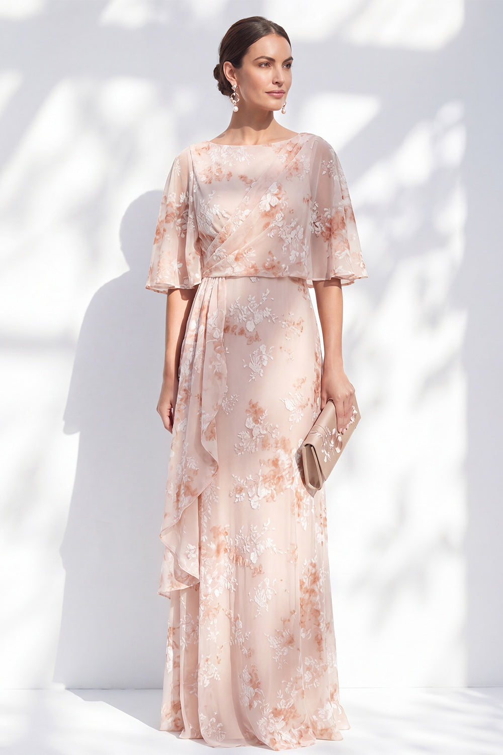 Champagne Ruffled Sheath Bateau Neck Long Floral Mother of the Bride Dress