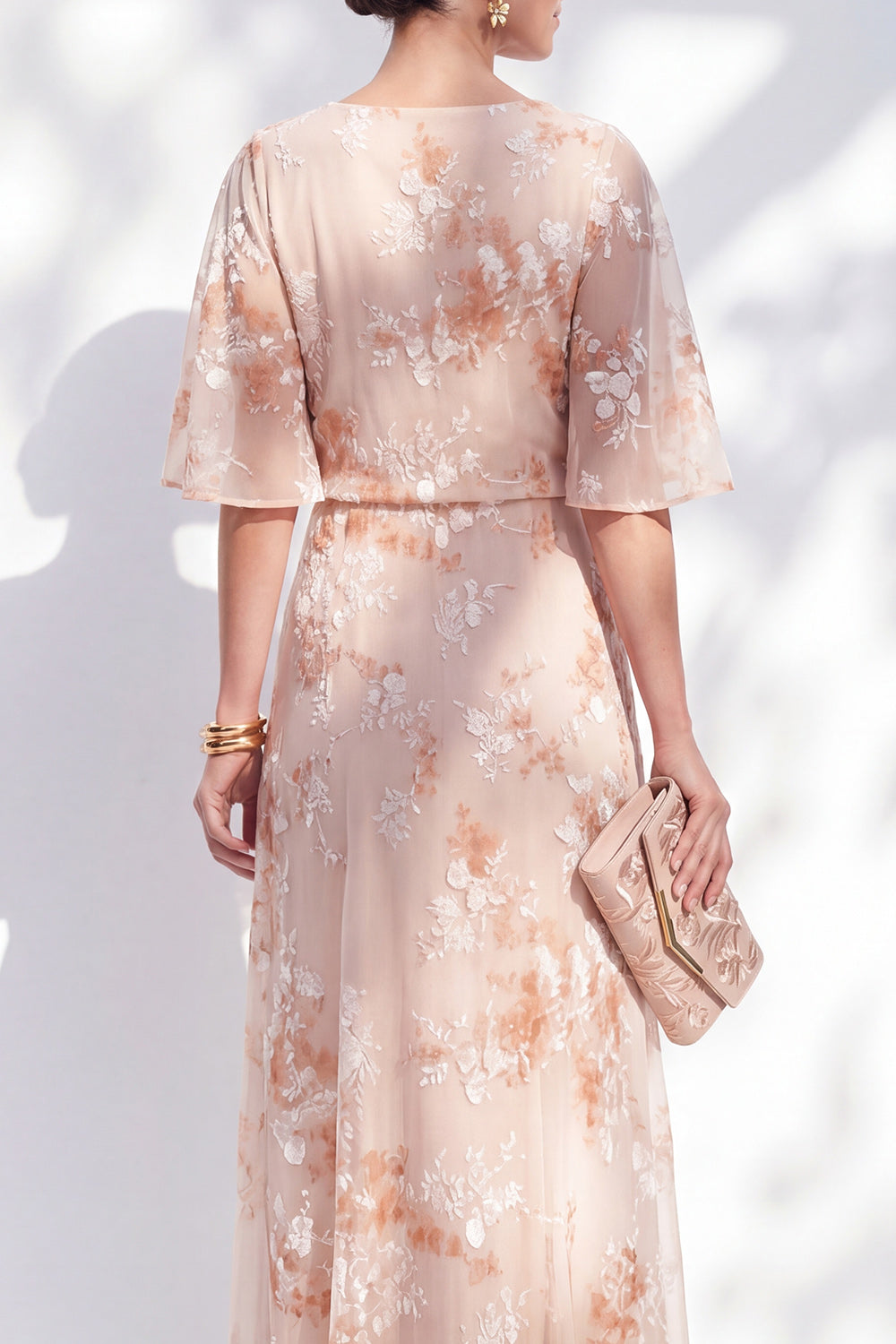Champagne Ruffled Sheath Bateau Neck Long Floral Mother of the Bride Dress