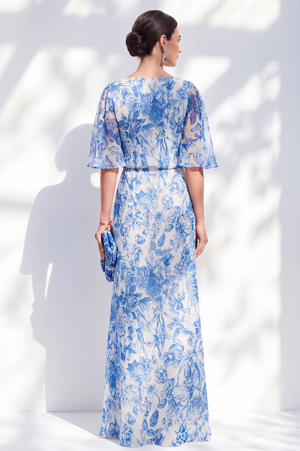 White Blue Flower Sheath Bateau Neck Long Mother of the Bride Dress