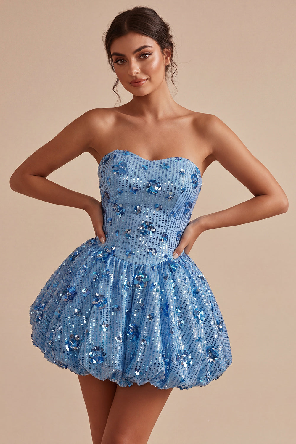 Sparkly Sky Blue Strapless Sequin A Line Short Floral Homecoming Dress