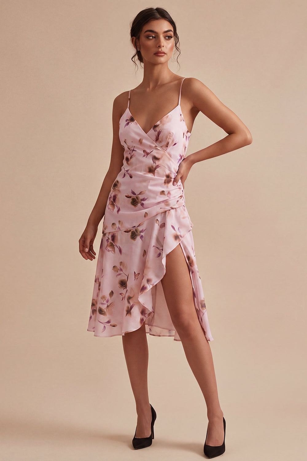 Pink Floral A Line Spaghetti Straps Short Homecoming Dress with Ruffles