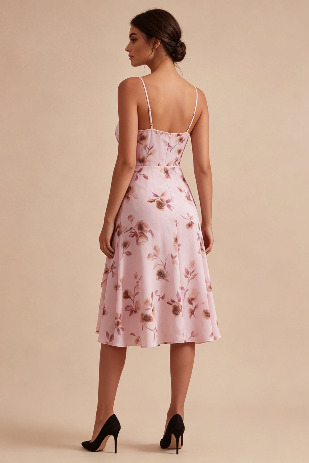 Pink Floral A Line Spaghetti Straps Short Homecoming Dress with Ruffles
