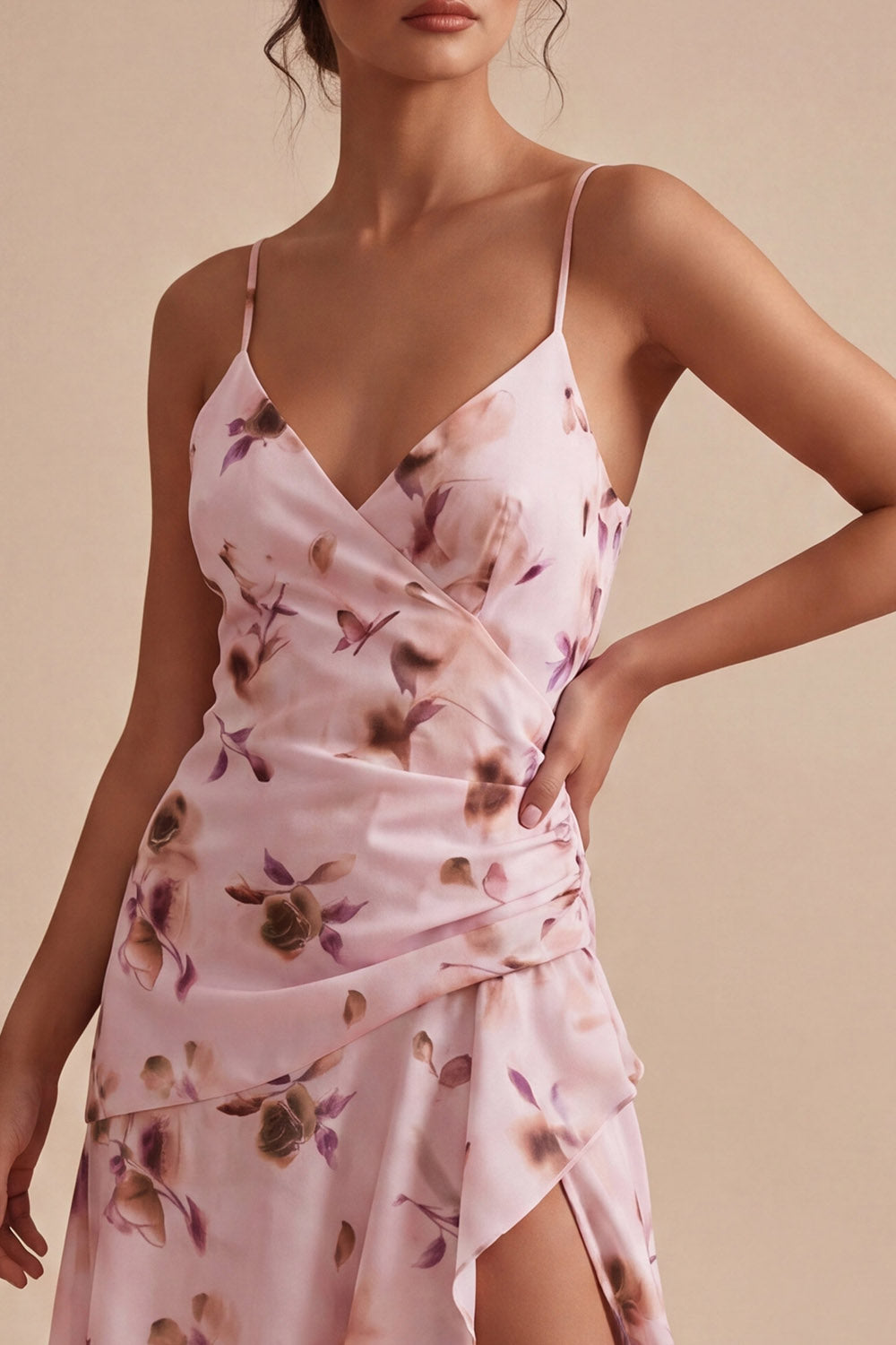 Pink Floral A Line Spaghetti Straps Short Homecoming Dress with Ruffles