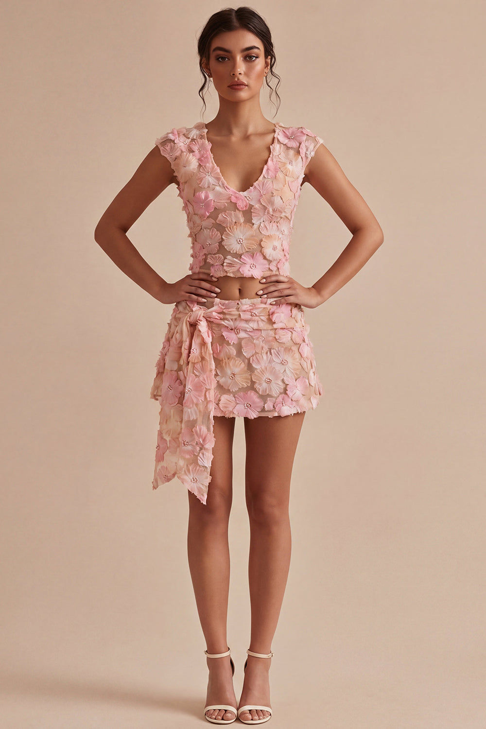 2 Piece Pink Floral V-Neck Short Homecoming Dress with Sash