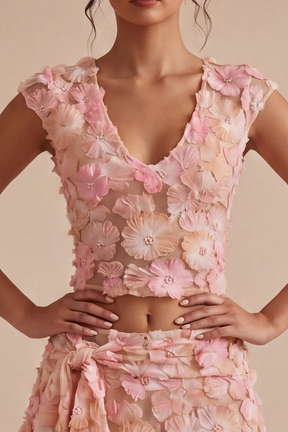 2 Piece Pink Floral V-Neck Short Homecoming Dress with Sash