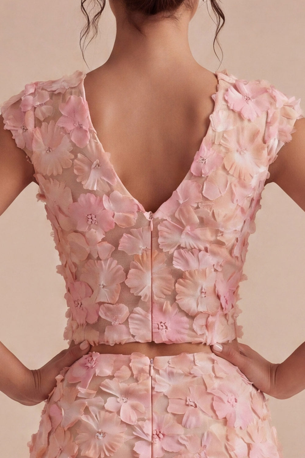 2 Piece Pink Floral V-Neck Short Homecoming Dress with Sash