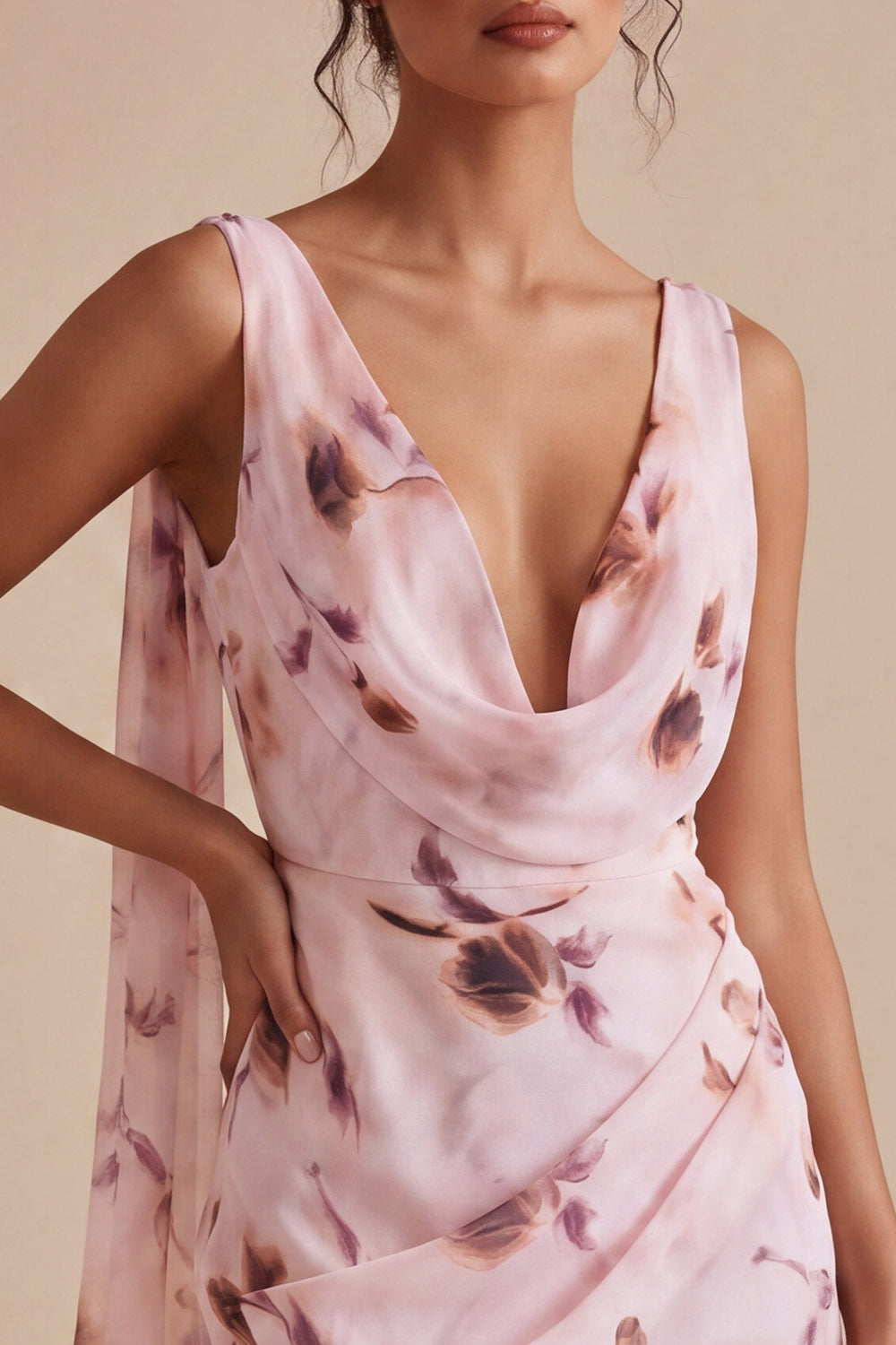 Floral Pink Cowl Neck Tight Short Ruched Homecoming Dress with Sash