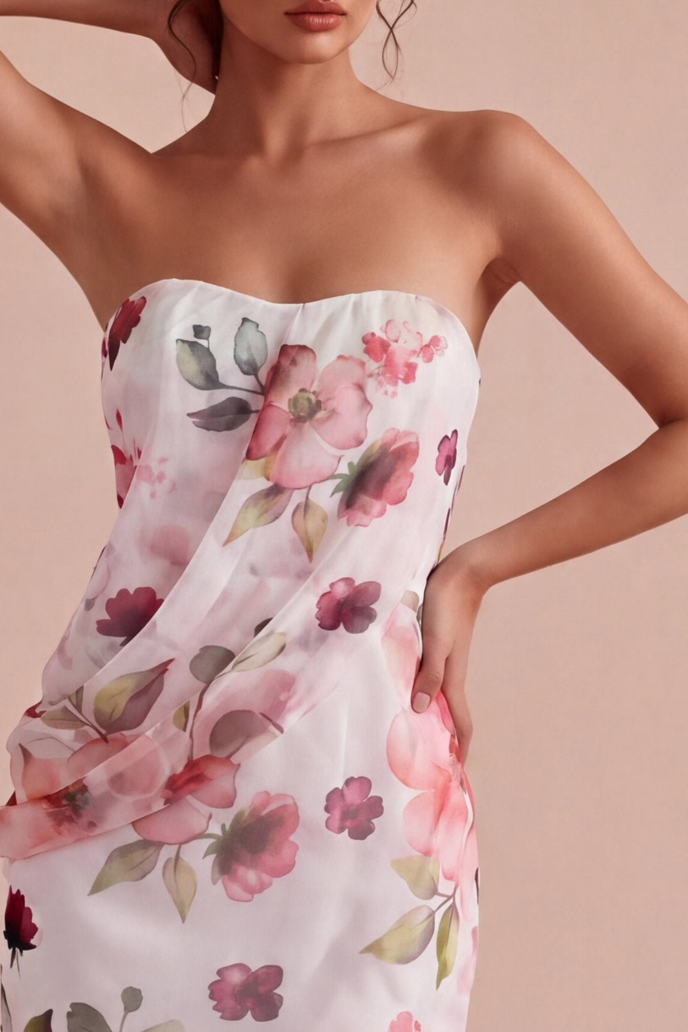 Pink Flower Strapless Tight Short Ruched Homecoming Dress with Slit