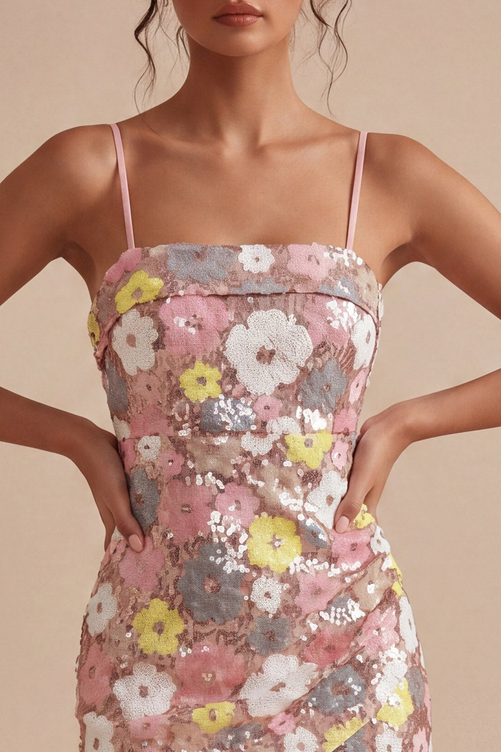 Sparkly Pink Floral Spaghetti Straps Sequin Tight Short Homecoming Dress