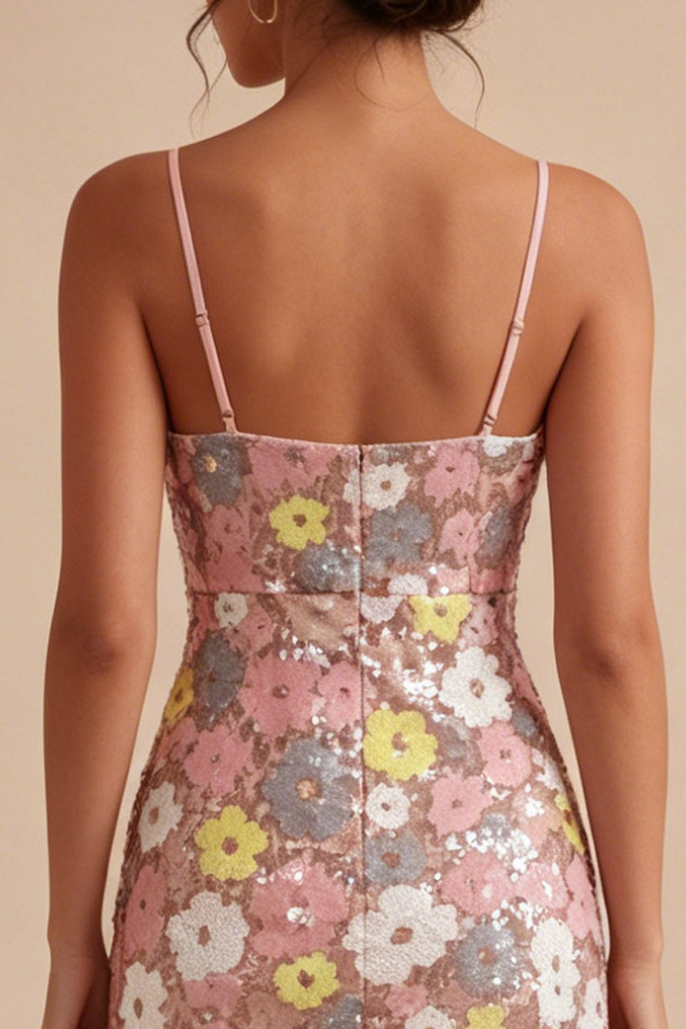 Sparkly Pink Floral Spaghetti Straps Sequin Tight Short Homecoming Dress