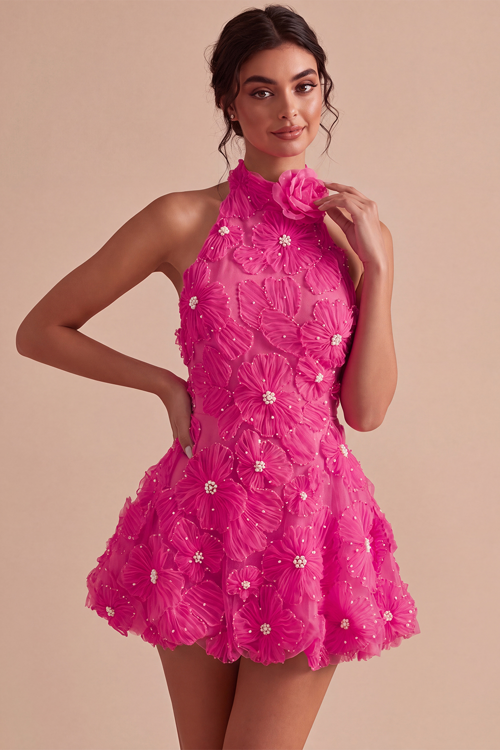 Floral Daffodil Halter A Line Backless Short Homecoming Dress with Beading