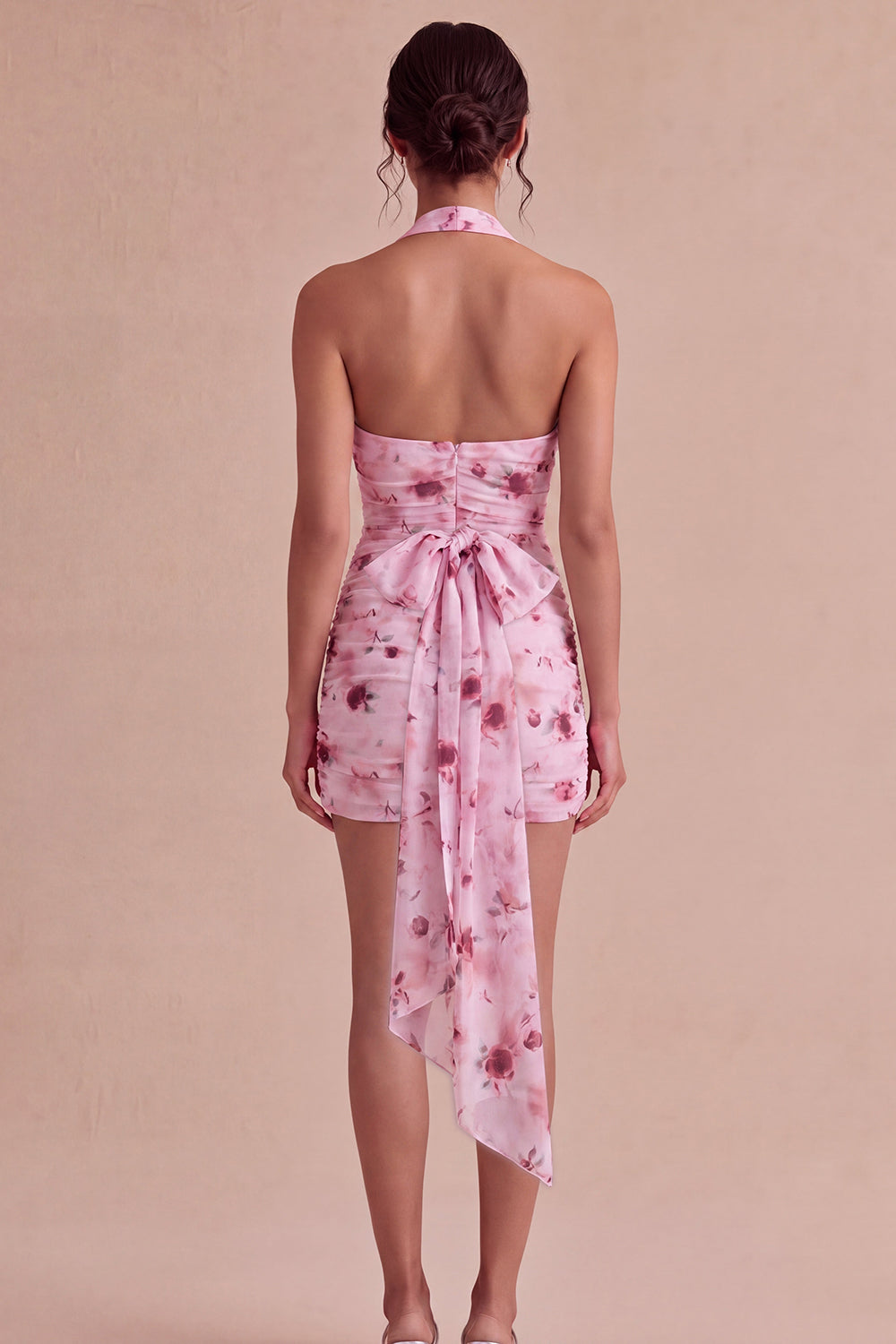 Floral Halter Pink Ruched Tight Short Homecoming Dress with Bow