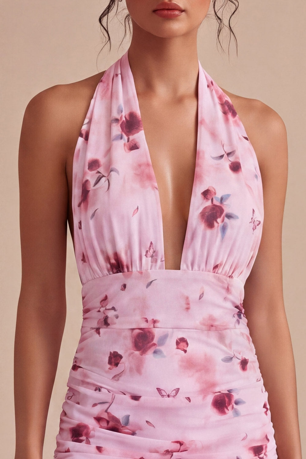 Floral Halter Pink Ruched Tight Short Homecoming Dress with Bow