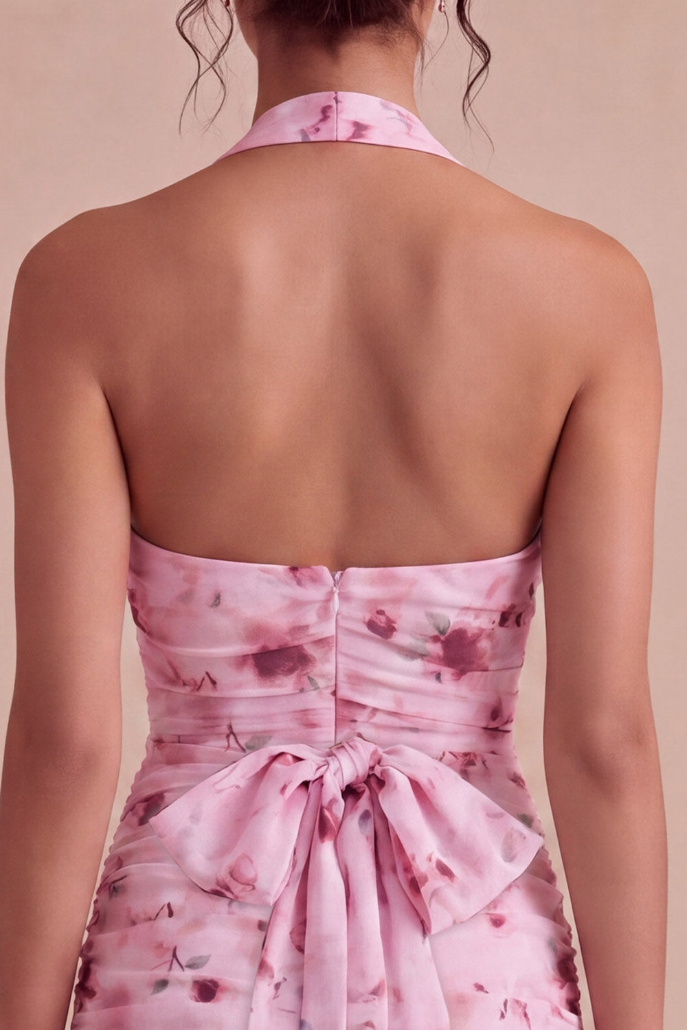 Floral Halter Pink Ruched Tight Short Homecoming Dress with Bow