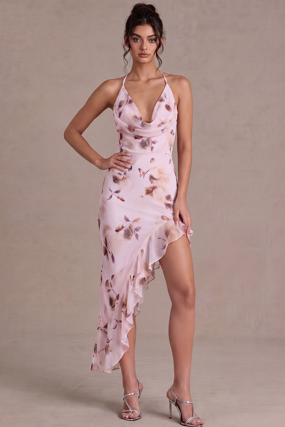 Floral Pink Asymmetrical Cowl Neck Homecoming Dress with Ruffles