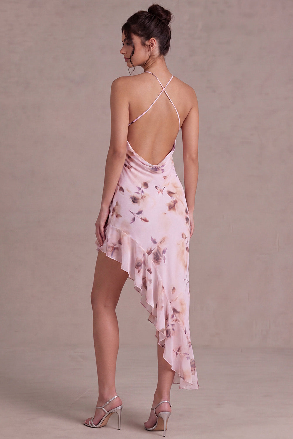Floral Pink Asymmetrical Cowl Neck Homecoming Dress with Ruffles