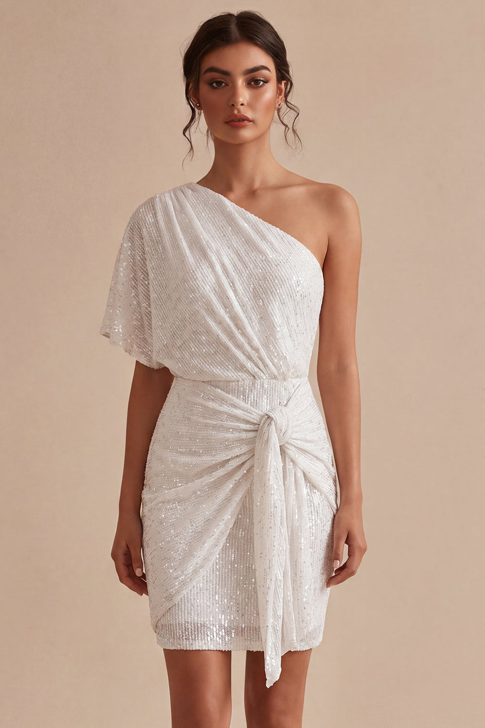 Sparkly White One Shoulder Ruched Tight Short Bridal Shower Dress with Beading