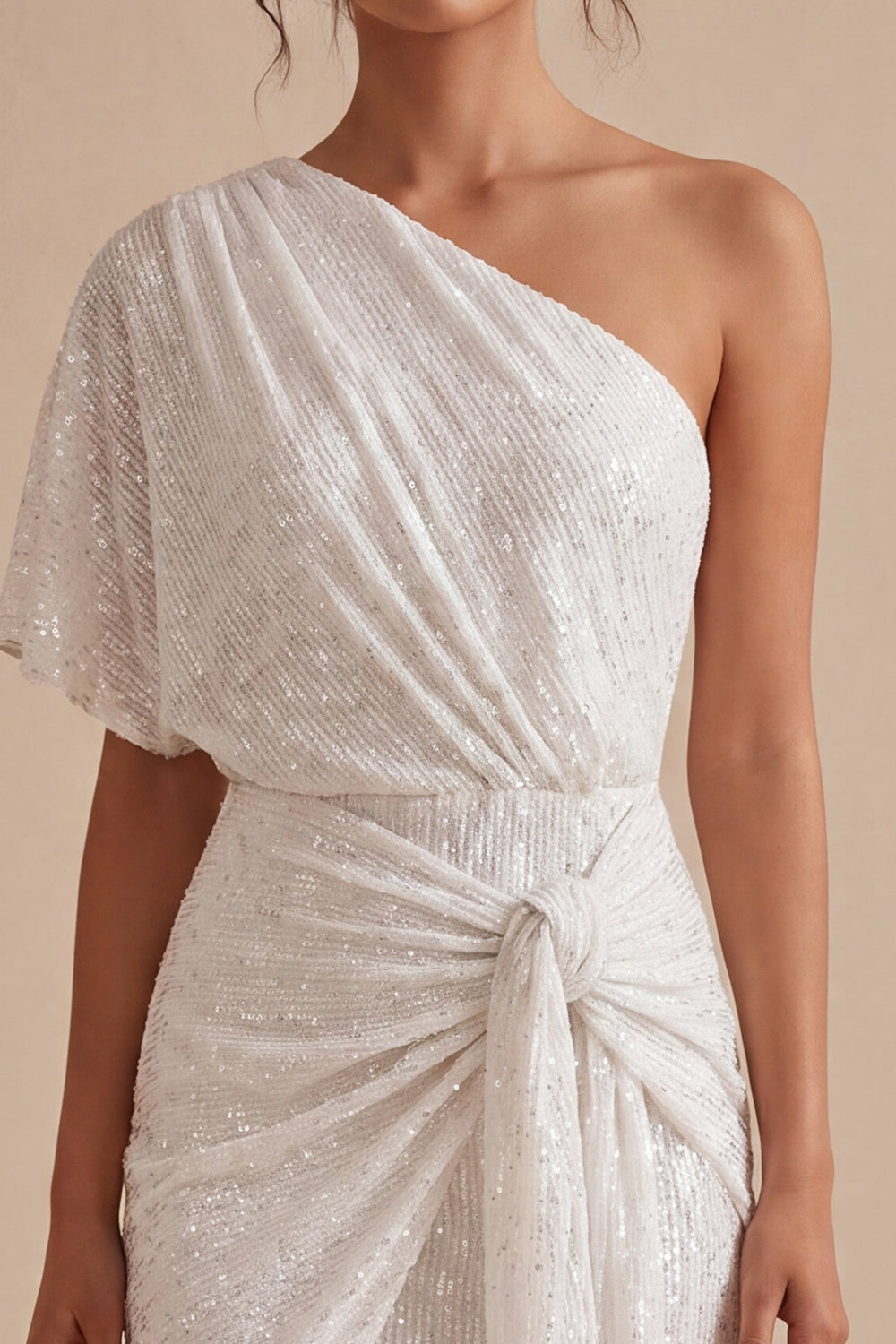 Sparkly White One Shoulder Ruched Tight Short Bridal Shower Dress with Beading