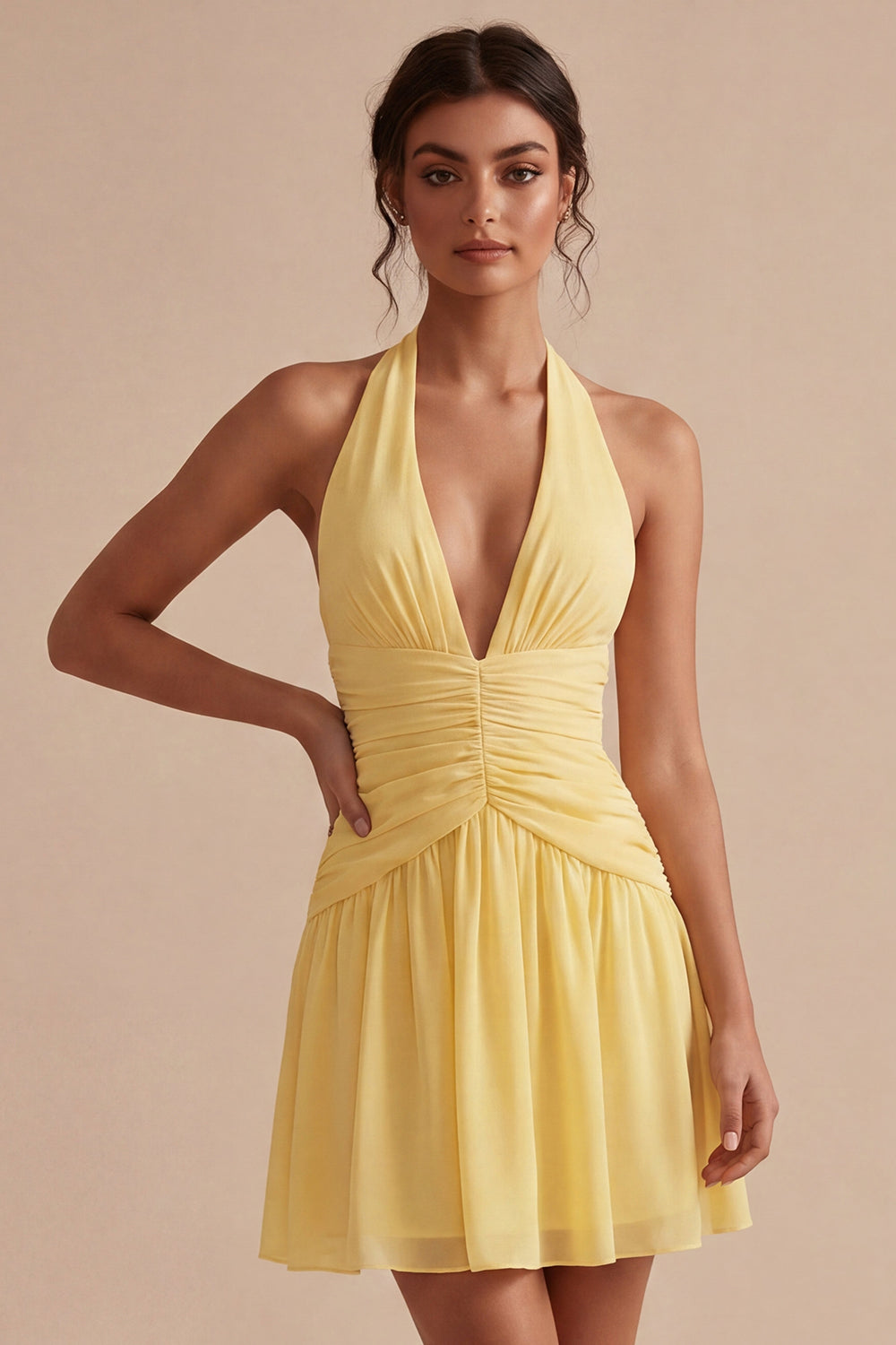 Daffodil Halter Ruched Backless A Line Short Homecoming Dress