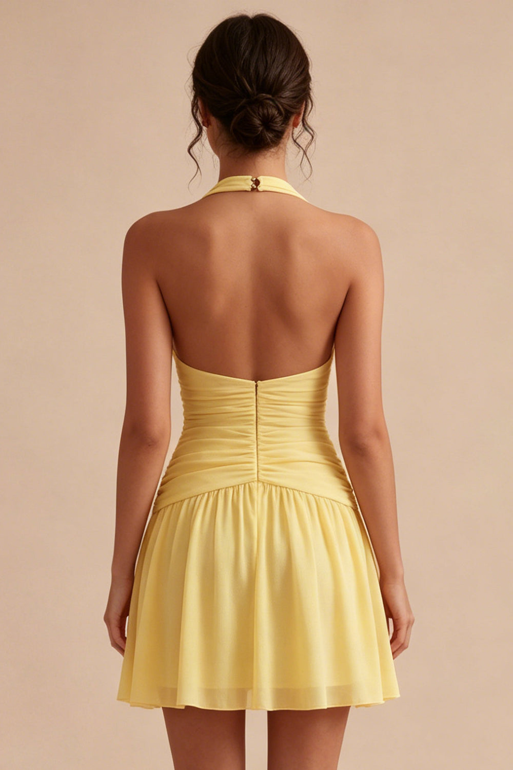 Daffodil Halter Ruched Backless A Line Short Homecoming Dress