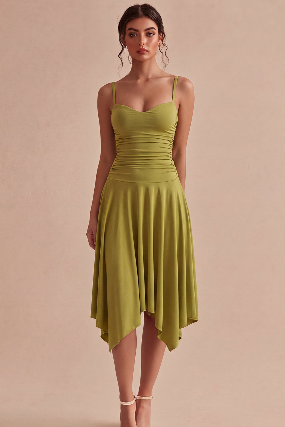 Olive Spaghetti Straps Ruched A Line Asymmetrical Homecomig Dress